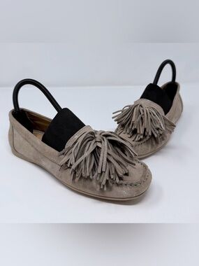 Flag Ltd Kiltie Fringe Suede Loafers Taupe Slip On Flats Women’s Size 7